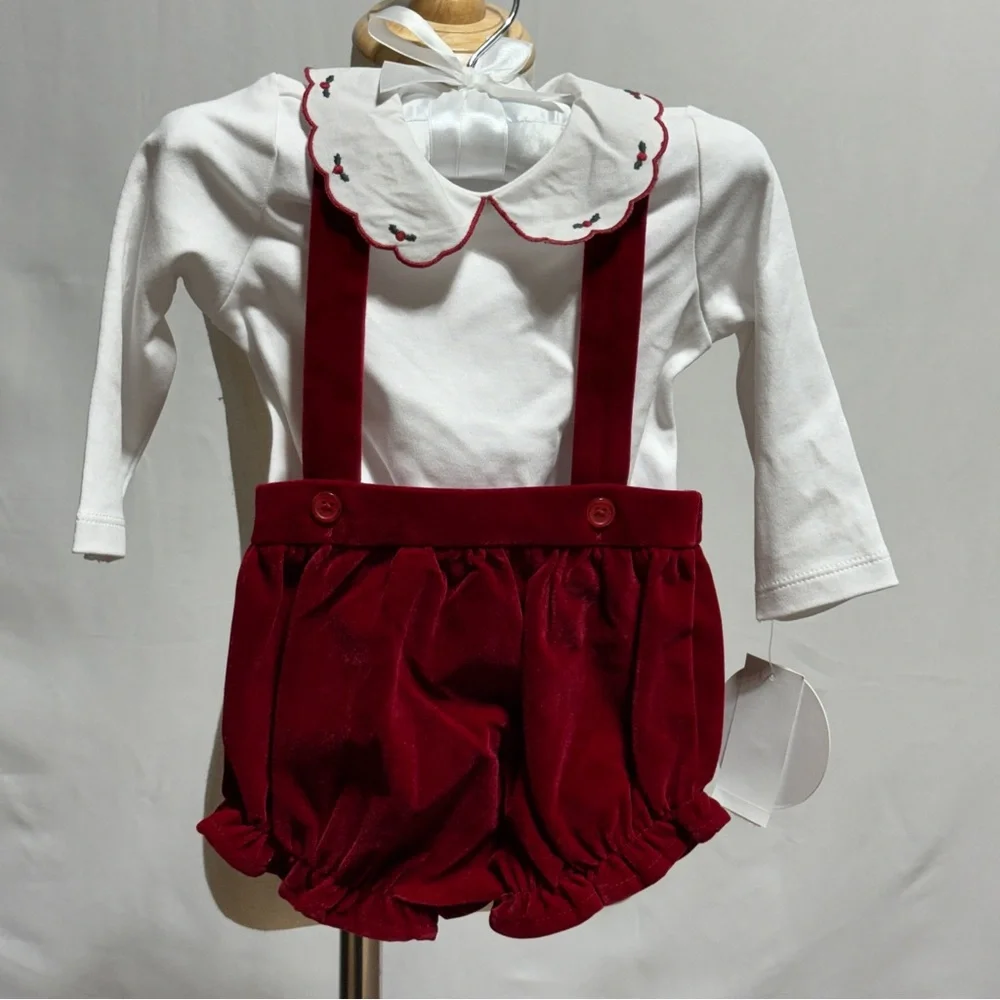Edgehill Collection Red Velvet Jumper Knit Embroidered Top Set 18m NWT Christmas